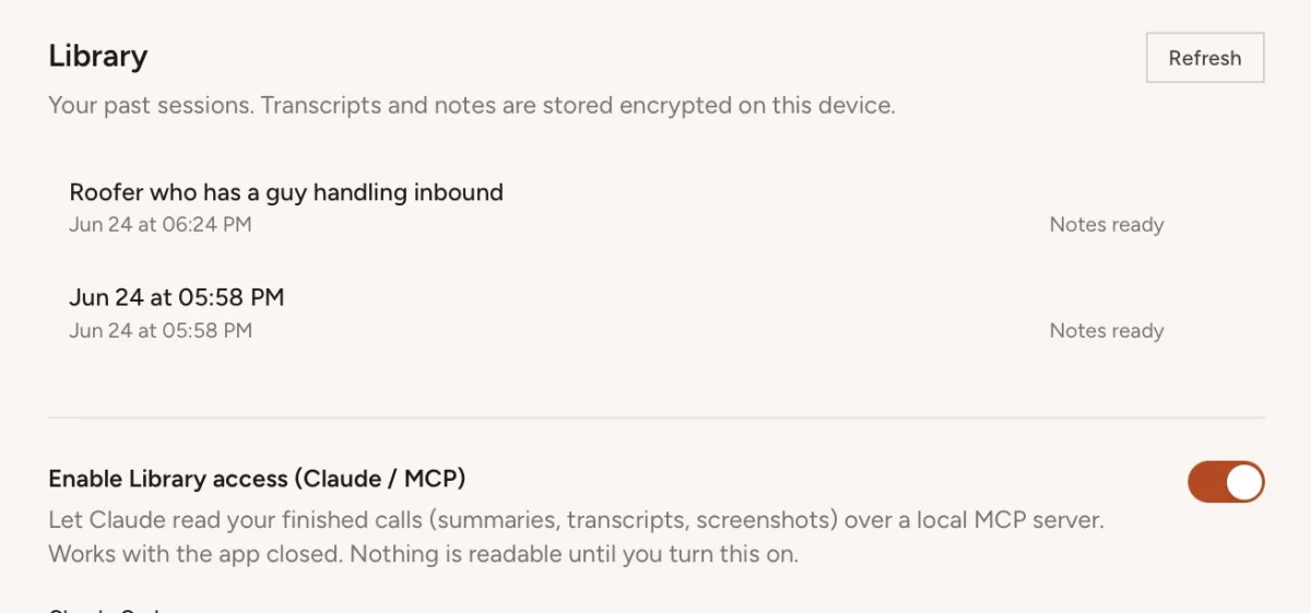 StageWhisper Library of past sessions with the local MCP server access toggle enabled