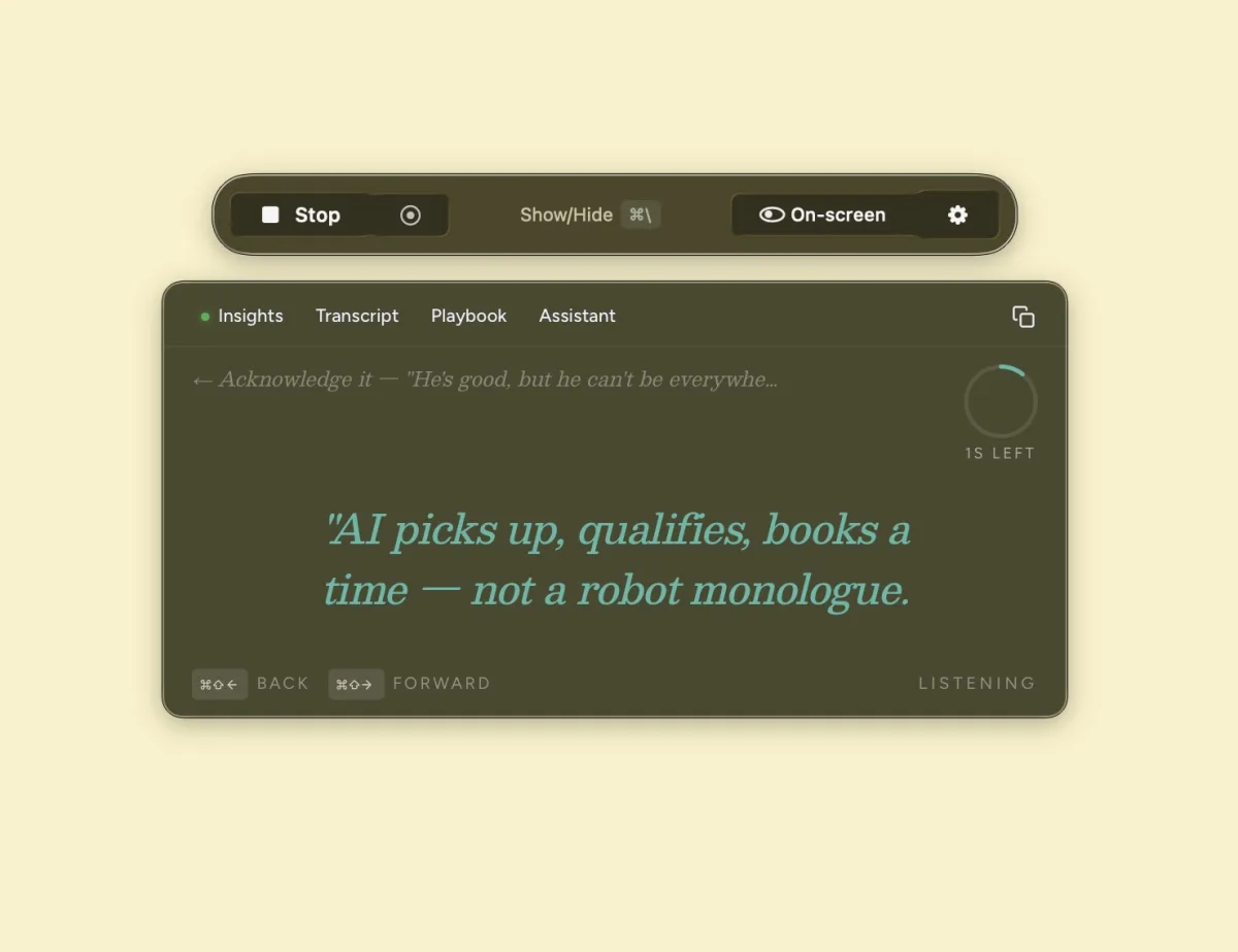 StageWhisper live coaching card showing a short private cue on screen during a call